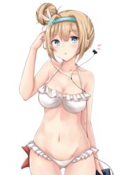  absurdres ass_visible_through_thighs bikini blonde_hair blue_eyes blush breasts chinese_commentary cleavage collarbone commentary_request cowboy_shot earphones earphones_removed female girls&#039;_frontline groin hair_between_eyes hair_ornament hairband hakuya_(white_night) hand_on_own_head highres long_hair looking_at_viewer medium_breasts navel official_alternate_costume open_mouth sidelocks snowflake_hair_ornament solo stomach suomi_(girls&#039;_frontline) suomi_(midsummer_pixie)_(girls&#039;_frontline) swimsuit thighs transparent_background white_bikini 