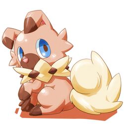  back blue_eyes canine commentary_request kinakomochi_(kazuna922) lowres no_humans pokemon pokemon_(creature) rockruff simple_background solo white_background 