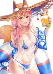  :d animal_ear_fluff animal_ears arm_behind_back ass_visible_through_thighs beer_mug bikini blue_bikini bracelet breasts cherim cleavage commentary contrapposto cowboy_shot cup fate/grand_order fate_(series) female fox_ears fox_girl fox_tail hair_ornament hair_over_shoulder hat highres innertube jewelry long_hair looking_at_viewer low_ponytail mug navel oerba_yun_fang open_mouth pink_hair see-through shirt side-tie_bikini_bottom smile solo standing straw_hat sun_hat swim_ring swimsuit symbol-only_commentary t-shirt tail tamamo_(fate) tamamo_no_mae_(swimsuit_lancer)_(fate) tamamo_no_mae_(swimsuit_lancer)_(second_ascension)_(fate) yellow_eyes 