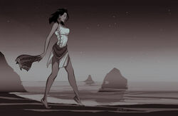  bandana bare_legs bare_shoulders barefoot breasts closed_eyes dark_skin dragon_age dragon_age_2 earrings female isabela_(dragon_age) piercing sea short_hair solo standing walking 