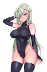  arm_up bare_hips bare_shoulders black_thighhighs blue_eyes blush bodysuit breasts bridal_gauntlets commentary_request covered_navel covered_nipples curvy earrings elizabeth_liones female grey_hair hair_over_one_eye hevn highleg highleg_leotard jewelry large_breasts leotard long_hair looking_at_viewer nanatsu_no_taizai perky_breasts simple_background single_earring solo thick_thighs thighhighs thighs very_long_hair white_background wide_hips 