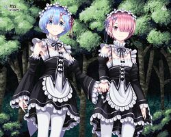  2girls bad_id bad_pixiv_id blue_eyes blue_hair blush closed_mouth copyright_name critter100 detached_sleeves hair_ornament hair_over_one_eye hand_grab looking_at_viewer maid maid_headdress multiple_girls pantyhose pink_eyes pink_hair ram_(re:zero) re:zero_kara_hajimeru_isekai_seikatsu rem_(re:zero) roswaal_mansion_maid_uniform short_hair siblings sisters smile twins white_legwear x_hair_ornament 