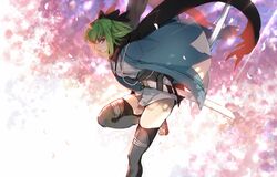  black_scarf black_thighhighs blurry blurry_background breasts c.c. cherry_blossoms closed_mouth code_geass commentary cosplay creayus fate_(series) female from_side green_hair haori holding holding_sword holding_weapon japanese_clothes katana kimono koha-ace leaning_forward leg_up light_rays looking_at_viewer looking_to_the_side medium_breasts okita_souji_(fate) okita_souji_(koha-ace) okita_souji_(koha-ace)_(cosplay) petals profile romaji_commentary sandals sash scarf serious sheath shinsengumi short_hair short_kimono solo standing standing_on_one_leg sunbeam sunlight sword thighhighs unsheathed weapon white_kimono yellow_eyes 