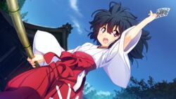  arm_up black_hair blue_sky blush card cloud day dutch_angle female garandou_sara hakama hakama_skirt highres holding holding_card island_(game) japanese_clothes kuuchuu_yousai messy_hair miko open_mouth outdoors red_eyes red_hakama short_hair skirt sky solo standing tree wide_sleeves 