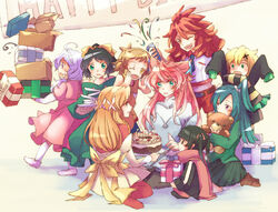  6+girls ;d aged_down ahoge akatsuki_kirika amou_kanade banner belt black_hair blonde_hair blue_hair blush bow box brown_hair cake candle commentary_request dress food gift gift_box green_eyes hair_ornament hairbow holding holding_plate kazanari_tsubasa kohinata_miku long_hair maria_cadenzavna_eve midriff multiple_girls necktie one_eye_closed one_side_up open_mouth orange_eyes oversized_clothes party_popper pink_hair plate ponytail purple_eyes purple_hair red_hair rhapsode scarf senki_zesshou_symphogear serena_cadenzavna_eve shoes short_hair sitting skirt sleeves_past_wrists smile striped_clothes striped_scarf stuffed_animal stuffed_toy tachibana_hibiki_(symphogear) teddy_bear tsukuyomi_shirabe twintails yellow_eyes yukine_chris 