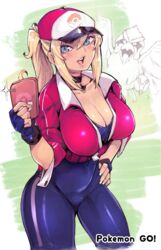  bad_id bad_pixiv_id baseball_bat baseball_cap blonde_hair blue_eyes breasts cellphone cleavage female female_protagonist_(pokemon_go) fingerless_gloves gloves hat kamaboko_(ossann0125) large_breasts long_hair looking_at_viewer phone pidgey pokemon pokemon_(creature) pokemon_go ponytail smartphone smile solo thighs 