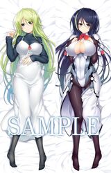  2girls black_hair bodysuit breasts cleavage commentary_request dakimakura_(medium) full_body green_hair kodama_yuu large_breasts long_hair looking_at_viewer lying mikage_(owari_no_chronicle) multicolored_hair multiple_girls multiple_views owari_no_chronicle pantyhose sample_watermark two-tone_hair watermark 