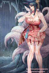  ahri_(league_of_legends) animal_ears black_hair breast_suppress breasts cave cleavage commentary_request dress dynasty_ahri facial_mark female fox_ears frilled_skirt frills full_body garter_straps gonster hair_bun hair_ornament half-closed_eyes hanbok hand_on_own_chest huge_breasts korean_clothes league_of_legends long_sleeves looking_to_the_side multiple_tails official_alternate_costume parted_lips rain short_dress single_hair_bun skirt solo stalactite tail taking_shelter thighhighs wet wet_clothes whisker_markings yellow_eyes zettai_ryouiki 