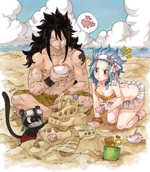  1boy animal bad_id bad_tumblr_id beach bikini bikini_skirt black_hair blue_hair bowl breasts bucket cleavage day fairy_tail feline female food gajeel_redfox highres ice_cream levy_mcgarden pantherlily rusky sand sand_castle sand_sculpture seashell shell small_breasts spiked_hair swimsuit 