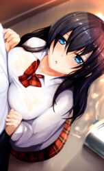  :o black_hair blue_eyes blush breast_press breasts commentary_request female from_above haribote_(desk_of_coulomb) long_hair long_sleeves looking_at_viewer original pov school_uniform shirt solo_focus wet wet_clothes wet_hair white_shirt 