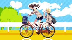  2girls arm_support backpack bag between_thighs bicycle bicycle_basket black_socks blonde_hair blue_bag blue_sailor_collar blue_skirt blue_sky blush brown_cardigan brown_footwear brown_hair cardigan cloud commentary_request day diagonal_stripes floating_hair from_side full_body grey_bag guard_rail hand_to_own_mouth hand_up honeyworks kneehighs loafers long_hair long_sleeves looking_ahead multiple_girls multiple_riders on_vehicle open_mouth outdoors pleated_skirt ponytail profile reflective_ground riding road sailor_collar school_bag school_uniform shoes short_hair sitting skirt sky sleeves_pushed_up socks striped_clothes striped_skirt sweatdrop tree unworn_bag white_stripes yamako_(state_of_children) yawning 