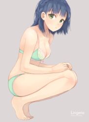  bad_id bad_pixiv_id blue_hair blush bra duplicate female green_eyes highres hinoshita_akame idolmaster idolmaster_million_live! looking_at_viewer nanao_yuriko navel open_mouth panties pixel-perfect_duplicate short_hair simple_background solo squatting underwear 