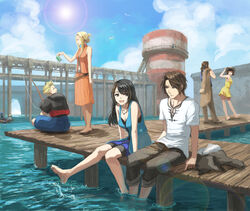  5girls 6+boys barefoot black_hair blonde_hair blue_sky blurry boat brown_hair casual cloud commentary_request day depth_of_field dress ellone everyone final_fantasy final_fantasy_viii fishing fishing_rod fuujin_(ff8) habbitrot highres irvine_kinneas jacket jewelry laguna_loire lens_flare multicolored_hair multiple_boys multiple_girls necklace outdoors photoshop_(medium) pier quistis_trepe raijin_(ff8) rinoa_heartilly seifer_almasy selphie_tilmitt shorts shorts_under_skirt sitting skirt sky sleeveless smile soaking_feet squall_leonhart sun sundress two-tone_hair unworn_jacket water water_tower watercraft yellow_dress zell_dincht 