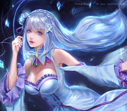  arm_up bare_shoulders braid breasts cleavage cleavage_cutout clothing_cutout commentary_request crown_braid detached_sleeves dress elf emilia_(re:zero) female flower frilled_sleeves frills gem grey_hair hair_flower hair_ornament hair_ribbon highres large_breasts leaning_forward long_hair mars_foong painting_(action) parted_lips pleated_skirt pointy_ears purple_eyes purple_ribbon re:zero_kara_hajimeru_isekai_seikatsu ribbon rose skirt solo white_dress white_flower white_legwear white_rose wide_sleeves x_hair_ornament 