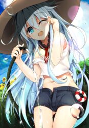  adapted_costume adjusting_hair bad_id bad_pixiv_id blue_eyes blush day dutch_angle female flower grey_hair hat hibiki_(kancolle) highres hose kantai_collection lifebuoy long_hair minari_(minari37) navel one_eye_closed open_mouth outdoors school_uniform serafuku shorts smile solo sparkle strap_slip sunflower swim_ring water wet wet_clothes white_hair 