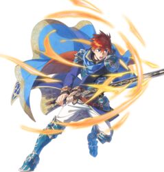  1boy armor blue_eyes cape durandal_(fire_emblem) eliwood_(fire_emblem) fire fire_emblem fire_emblem:_the_blazing_blade fire_emblem_heroes full_body highres holding holding_weapon male_focus miyuu official_art red_hair short_hair sword transparent_background weapon 