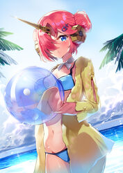  :o ball bandaged_arm bandages beachball bikini blue_bikini blue_eyes breasts cleavage cloud cloudy_sky commentary_request cowboy_shot day double_bun fate/apocrypha fate/grand_order fate_(series) female frankenstein&#039;s_monster_(fate) frankenstein&#039;s_monster_(swimsuit_saber)_(fate) frankenstein&#039;s_monster_(swimsuit_saber)_(first_ascension)_(fate) hair_bun hair_ornament hair_over_one_eye hairpin highres horns long_sleeves looking_at_viewer mechanical_horns medium_breasts navel outdoors palm_tree pink_hair short_hair single_horn sky solo sora-bozu sparkle summer swimsuit tree water 