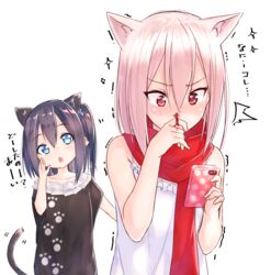  2girls animal_ears bare_arms bare_shoulders blood blue_eyes blush boots cellphone commentary fox_ears hair_ornament hair_scrunchie highres kemonomimi_mode multiple_girls nosebleed one_side_up original paw_print phone pink_hair red_eyes red_scarf red_skirt scarf scrunchie short_hair skirt smartphone suzunari_arare suzunari_shizuku translated trembling yuki_arare 