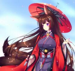  amagi_(azur_lane) animal_ears azur_lane bad_id bad_twitter_id blunt_bangs breasts brown_hair choker commentary_request female fox_ears hair_ornament japanese_clothes kimono kitsune kyuubi large_breasts long_hair mikoto_(mikoto_r_a) multiple_tails oil-paper_umbrella purple_eyes solo tail thick_eyebrows umbrella wide_sleeves 