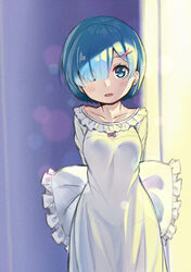  arm_behind_back blue_eyes blue_hair blush collarbone commentary dress eyes_visible_through_hair female hair_ornament hair_over_one_eye head_tilt indoors lens_flare open_mouth pillow re:zero_kara_hajimeru_isekai_seikatsu rem_(re:zero) shitou_(1992116210) short_hair solo standing white_dress 