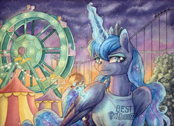  2016 alicorn amusement_park amusement_ride apple candy candy_apple dessert detailed_background equid equine feathered_wings feathers female feral ferris_wheel food friendship_is_magic fruit glowing hasbro horn levitation looking_at_viewer magic mammal my_little_pony mythological_creature mythological_equine mythology plant princess_luna_(mlp) roller_coaster solo sparkles the-wizard-of-art traditional_media_(artwork) wings 