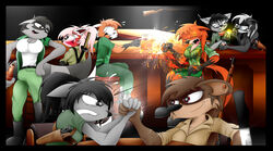  ailurid alcohol anthro arm_wrestling badger bar beer beverage canid canine car cigar claudia_(gonein10seconds) domestic_cat felid feline felis fox gonein10seconds gun hi_res katana knife mammal melee_weapon military mustelid musteline procyonid pub raccoon ranged_weapon red_panda riley_(gonein10seconds) roza_(gonein10seconds) saya_(gonein10seconds) shelby_(gonein10seconds) smoking soldier sword sylvia_(gonein10seconds) van_(sandwich-anomaly) vanessa_(sandwich-anomaly) vehicle warrior weapon 