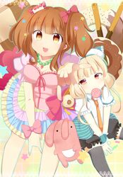  2girls :3 \m/ ashino blush border bow breasts brown_eyes candy cleavage commentary_request dot_nose food frilled_sleeves frills futaba_anzu hairbow idolmaster idolmaster_cinderella_girls lace lace_border lollipop long_hair looking_at_viewer loose_necktie low_twintails moroboshi_kirari mouth_hold multiple_girls necktie open_mouth orange_eyes orange_hair orange_necktie ornate_border outstretched_arm outstretched_legs pink_bow platinum_blonde_hair reaching reaching_towards_viewer short_sleeves sitting stuffed_animal stuffed_rabbit stuffed_toy swirl_lollipop twintails v-shaped_eyebrows v_arms wrist_bow 