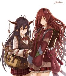  2girls absurdres alternate_costume anna_(granblue_fantasy) antenna_hair bag black_hair breasts briefcase cat_hair_ornament commentary_request danua draph granblue_fantasy hair_between_eyes hair_ornament hair_over_one_eye highres horns jewelry large_breasts long_hair looking_at_viewer multiple_girls necklace plaid plaid_skirt pointy_ears red_eyes red_hair school_bag school_briefcase school_uniform simple_background skirt smile stuffed_animal stuffed_cat stuffed_toy very_long_hair vest white_background yatsuka_(846) 