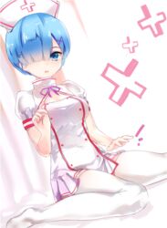  alternate_costume bad_id bad_pixiv_id blue_eyes blue_hair dress female haikeiyu hair_ornament hair_over_one_eye hat neck_ribbon no_shoes nurse nurse_cap open_mouth pink_ribbon puffy_short_sleeves puffy_sleeves re:zero_kara_hajimeru_isekai_seikatsu rem_(re:zero) ribbon short_dress short_hair short_sleeves sitting solo thighhighs white_background white_dress white_thighhighs 