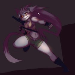  1:1 anthro clothing digital_media_(artwork) explosives felid female full-length_portrait grenade gun hi_res kanel mammal portrait ranged_weapon rifle simple_background solo weapon 