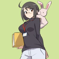  :o ahoge arm_behind_back black_hair black_sweater blush book breasts brown_eyes commentary_request cowboy_shot degarashi_(ponkotsu) female glasses grey_background holding holding_book id_card lanyard large_breasts looking_at_viewer pants parted_lips servant_x_service short_hair side_ahoge simple_background solo standing stuffed_animal stuffed_rabbit stuffed_toy sweater turtleneck yamagami_lucy 