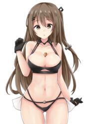  absurdres bare_shoulders between_breasts bikini black_bikini blush breasts brown_eyes brown_hair bullet chinese_commentary cleavage collar collarbone commentary_request cowboy_shot female fingerless_gloves girls&#039;_frontline gloves groin hair_between_eyes hair_ornament hairclip hakuya_(white_night) hand_up highres k2_(girls&#039;_frontline) long_hair looking_at_viewer medium_breasts navel open_mouth sidelocks solo stomach swimsuit thighs transparent_background 