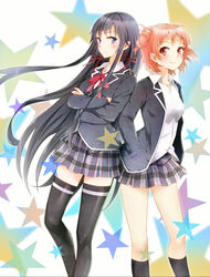  2girls black_hair black_jacket black_socks black_thighhighs blazer blue_eyes commentary_request conone crossed_arms hair_ribbon jacket jewelry long_hair multiple_girls necklace orange_hair plaid plaid_skirt pleated_skirt red_eyes red_ribbon ribbon school_uniform shirt short_hair skirt smile sobu_high_school_uniform socks star_(symbol) thighhighs white_shirt yahari_ore_no_seishun_lovecome_wa_machigatteiru. yuigahama_yui yukinoshita_yukino zettai_ryouiki 