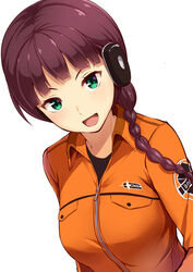  :d braid breasts commentary_request dutch_angle emblem female green_eyes hair_over_shoulder headphones huyumitsu jacket kakizaki_squad&#039;s_uniform long_hair long_sleeves looking_at_viewer medium_breasts open_mouth photoshop_(medium) simple_background single_braid smile solo teruya_fumika upper_body white_background world_trigger zipper 