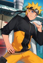  1boy blonde_hair blue_eyes facial_mark headband naruto outdoors smile solo uzumaki_naruto yaowu 