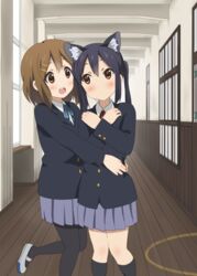  :d animal_ears blazer blush cat_ears crossed_arms cuddling grey_skirt hairclip hallway hirasawa_yui hugging indoors k-on! nakano_azusa school school_uniform shizupu skirt smile twintails 