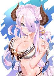  bikini blue_eyes breast_suppress breasts butterfly_earrings cleavage collarbone commentary_request double_bun draph earrings female frilled_bikini frills granblue_fantasy groin hair_bun hair_ornament hair_over_one_eye head_tilt horns huge_breasts jewelry long_hair looking_at_viewer narmaya_(granblue_fantasy) narmaya_(summer)_(granblue_fantasy) navel official_alternate_costume pointy_ears purple_hair rumiya9i solo swimsuit very_long_hair white_bikini 