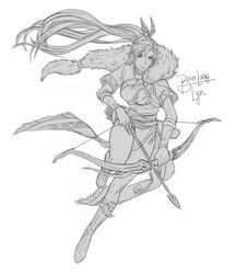  boots bow_(weapon) breasts commentary dress earrings english_commentary female fingerless_gloves fire_emblem fire_emblem:_the_blazing_blade fire_emblem_heroes gloves greyscale high_ponytail jewelry krazehkai large_breasts long_hair looking_at_viewer lyn_(brave_lady)_(fire_emblem) lyn_(fire_emblem) monochrome ponytail smile solo very_long_hair weapon 