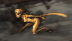  artist_name barefoot blonde_hair cat_tail cheetah_(dc) colored_skin commentary darren_geers dc_comics deviantart_sample english_commentary facial_mark female image_sample monster_girl motion_blur red_eyes running solo tail teeth wonder_woman_(series) yellow_skin 