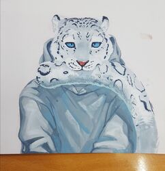  ambiguous_gender anthro biped bite blue_eyes chlghkswns clothing felid fur furniture hi_res hoodie looking_at_viewer mammal nom pantherine sitting snow_leopard solo spots table tail tail_bite tail_in_mouth tail_nom topwear traditional_media_(artwork) white_body white_fur 