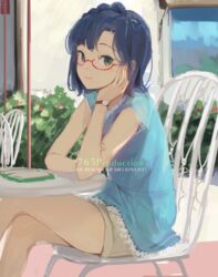  bad_id bad_pixiv_id blue_hair blush chair crossed_legs female glasses green_eyes head_rest hinoshita_akame idolmaster idolmaster_million_live! looking_at_viewer nanao_yuriko short_hair sitting solo table 