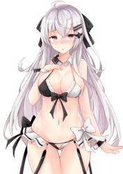  absurdres ahoge alternate_costume bikini bikini_skirt black_bow blush bow bow_bikini breasts chinese_commentary collar commentary_request covered_nipples cowboy_shot crossed_bangs embarrassed female girls&#039;_frontline groin hair_between_eyes hair_ornament hair_ribbon hairclip hakuya_(white_night) hand_on_own_chest highres iws_2000_(girls&#039;_frontline) large_breasts long_hair looking_at_viewer micro_bikini navel open_mouth red_eyes ribbon sidelocks skindentation solo stomach swimsuit thighs transparent_background white_hair wristband 