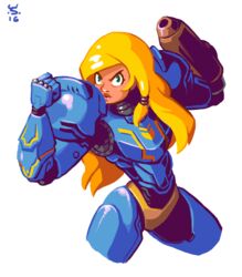  arm_cannon armor bad_id bad_twitter_id blonde_hair cosplay cowboy_shot cropped_legs female flexing green_eyes hair_ornament joakim_sandberg long_hair looking_at_viewer metroid no_headwear overwatch overwatch_1 pharah_(overwatch) pharah_(overwatch)_(cosplay) pose power_armor samus_aran solo varia_suit weapon white_background 