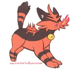  1:1 2018 ambiguous_gender bell black_body black_fur breath_powers claws closed_eyes electrikestorm elemental_manipulation felid feral fire fire_breathing fire_manipulation fur generation_7_pokemon hi_res mammal nintendo open_mouth pokemon pokemon_(species) red_body red_fur simple_background solo stretching torracat white_background 