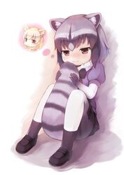  2girls animal_ear_fluff animal_ears between_legs black_bow black_bowtie black_footwear black_gloves black_hair black_legwear black_skirt blonde_hair blush bow bowtie brown_eyes commentary_request common_raccoon_(kemono_friends) extra_ears fennec_(kemono_friends) fox_ears fur_collar gloves grey_hair hugging_own_tail hugging_tail kemono_friends matsuu_(akiomoi) miniskirt multicolored_hair multiple_girls pantyhose pleated_skirt raccoon_ears raccoon_tail short_sleeves sitting skirt tail tail_between_legs tail_on_face thought_bubble white_legwear yellow_bow yellow_bowtie 