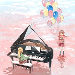  2girls arms_at_sides back balloon bench black_legwear blonde_hair blush book braid brown_hair brown_skirt checkered closed_eyes commentary_request getiao grand_piano green_shirt holding instrument kneehighs light_particles long_hair long_sleeves madotsuki mary_janes miniskirt multiple_girls music open_book piano piano_bench pink_shirt pink_sweater pink_water playing_instrument playing_piano poniko ponytail red_footwear red_skirt sheet_music shirt shoes sitting skirt socks standing standing_on_liquid string sweater turtleneck twin_braids twintails yume_nikki 