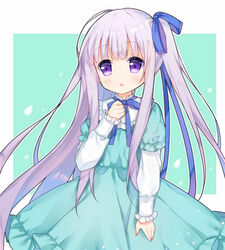  :o blue_ribbon blunt_bangs blush commentary cowboy_shot dress female gotou_jun green_dress hair_ribbon hand_on_own_chest head_tilt layered_sleeves long_hair long_sleeves one_side_up parted_lips purple_eyes purple_hair ribbon shirt short_over_long_sleeves short_sleeves sidelocks solo standing symbol-only_commentary tengxiang_lingnai tenshi_no_3p! undershirt very_long_hair white_shirt 