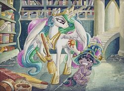  2016 alicorn book broom brush bucket cleaning_tool clothing container dripping duo equid equine feathered_wings feathers female feral friendship_is_magic frown hasbro hat headgear headwear hooves horn looking_back magic mammal my_little_pony mythological_creature mythological_equine mythology princess_celestia_(mlp) the-wizard-of-art traditional_media_(artwork) twilight_sparkle_(mlp) underhoof unicorn wet wings wizard_hat 