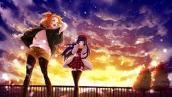  2girls black_hair black_legwear brown_shorts commentary_request conone hat long_hair multiple_girls open_mouth orange_hair original outdoors pantyhose purple_eyes red_hat scarf short_hair shorts smile snow thighhighs yellow_eyes 