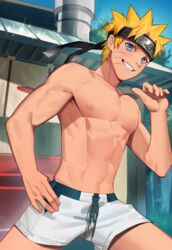  1boy abs blonde_hair blue_eyes facial_mark headband muscle naruto nipples outdoors smile solo uzumaki_naruto yaowu 